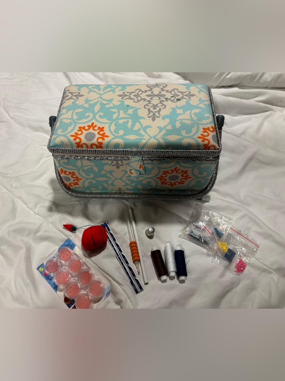 Mid-Century Modern Fabric Print Sewing Box Storage Sewing basket & accessories